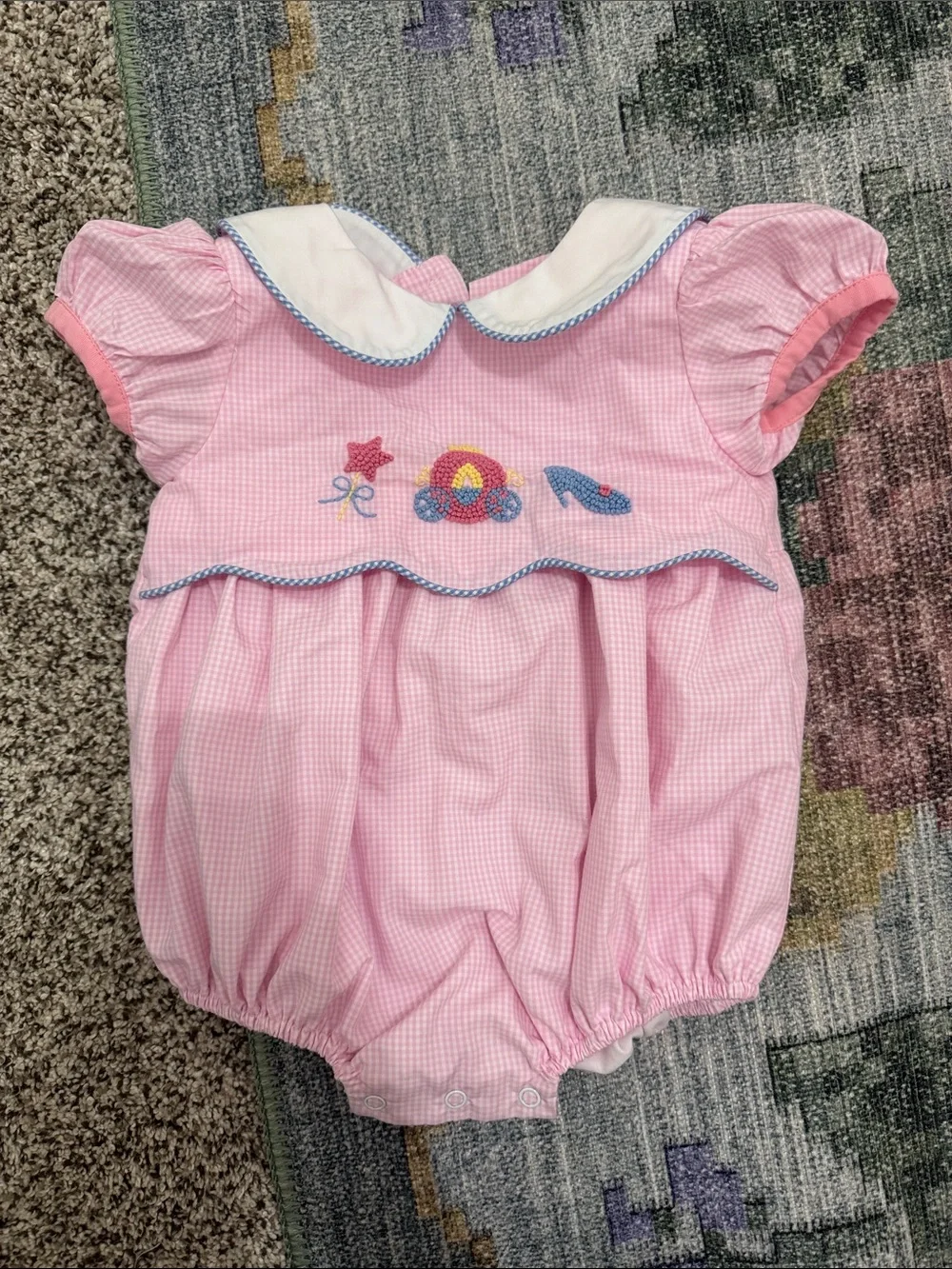 Stitchy Fish Pink Gingham Baby Bubble with Embroidered Carriage and Shoe